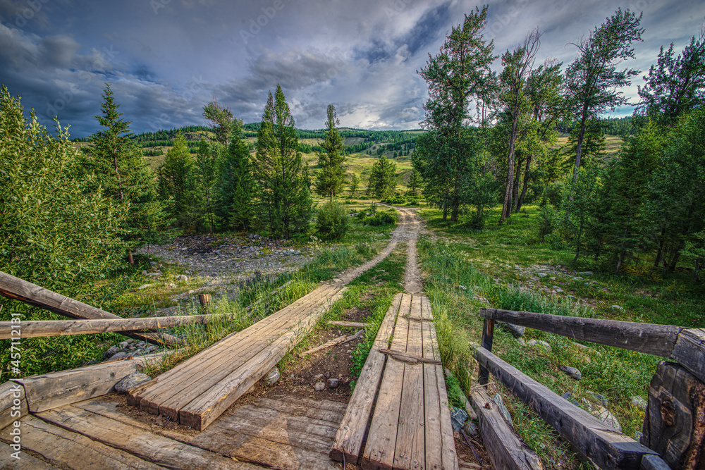 picturesque view of wooden bridge over pure rapid river flowing near forest at summer day 