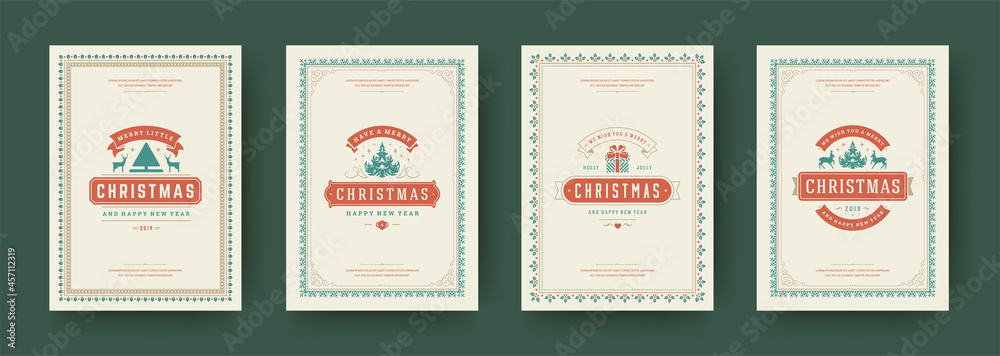 Christmas cards set vintage typographic design ornate decorations symbols with winter holidays wish vector illustration