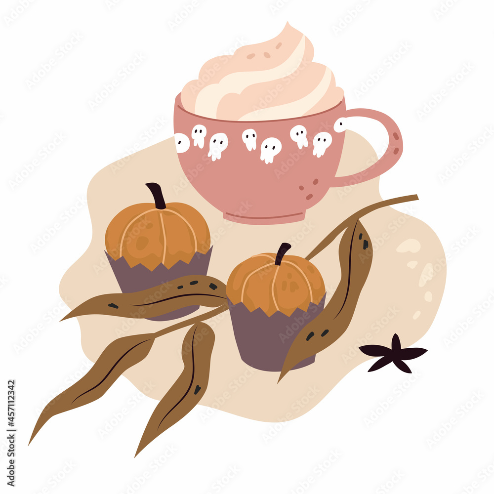 Composition with Sweets for Halloween party. Cup of coffee and pumpkin cakes, autumn leaves, leaf, cream. Isolated on white background, Vector illustration. Flat style. Holiday decoration, scull. Composition with Sweets for Halloween party. Cup of coffee and pumpkin cakes, autumn leaves, leaf, cream. Isolated on white background, Vector illustration. Flat style. Holiday decoration, scull.