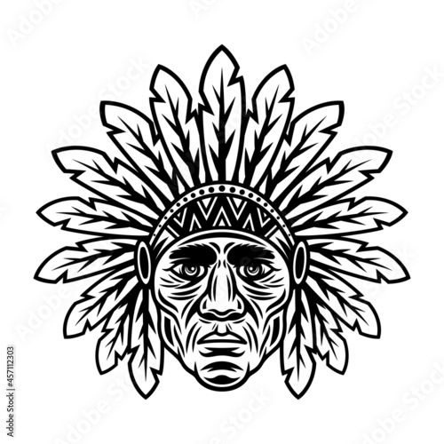 Chief head native american in traditional indian headdress with feathers vector illustration in monochrome vintage style isolated on white background