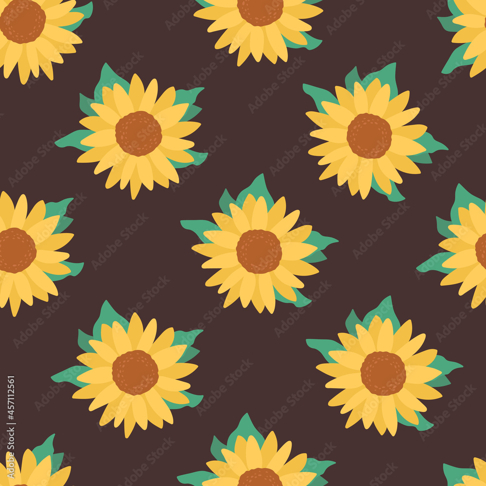 Cute doodle illustration with vector seamless pattern. Sunflowers on dark background. Botanical pattern for textile, design, print materials. Hand drawn illustration Cute doodle illustration with vector seamless pattern. Sunflowers on dark background. Botanical pattern for textile, design, print materials. Hand drawn illustration