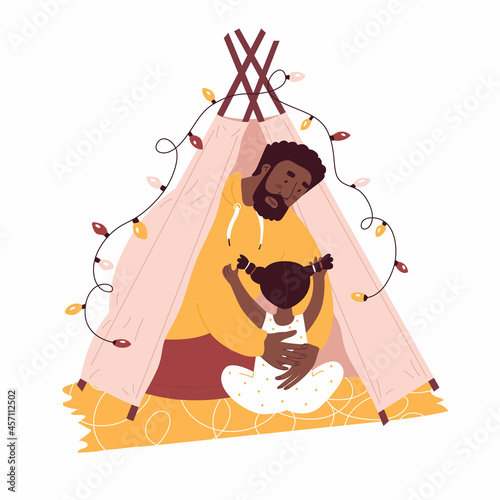 Father and daughter play in the homemade teepee. Flat style in vector illustration. Family day, child education, single father, black skin people, lights, pajama, papa, daddy, dad. Isolated.
