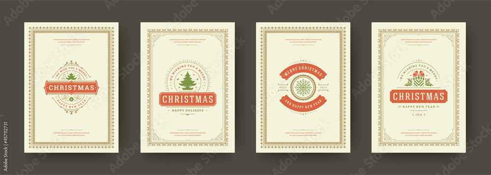 Christmas cards set vintage typographic design ornate decorations symbols with winter holidays wish vector illustration