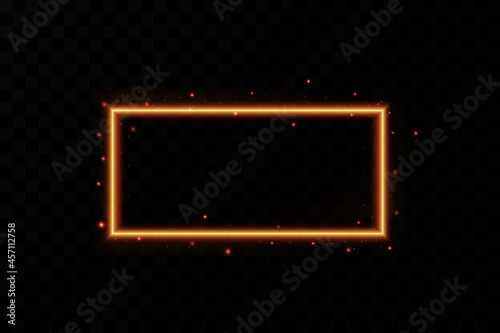 Gold frame with fiery sparks. Gold frame with light effects. Shining banner.