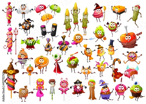 Halloween cartoon funny candies, lollipop witch fingers, candy corns and cupcakes, vector characters. Halloween holiday trick or treat sweets, scary pumpkin cookies, caramel skulls and liquorice bones