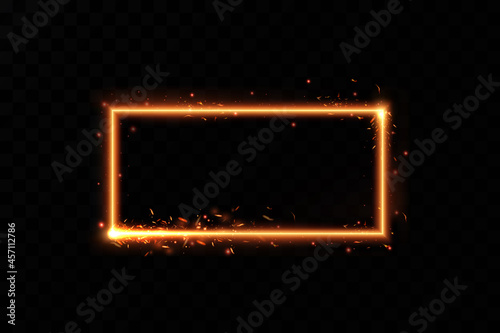 Gold frame with fiery sparks. Gold frame with light effects. Shining banner.