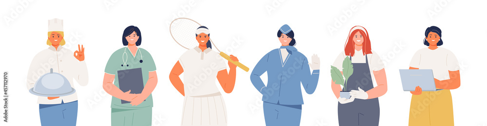 Women characters set of various professions and occupations. Womens day, labor day. Cook, stewardess, florist, tennis player, doctor, business woman