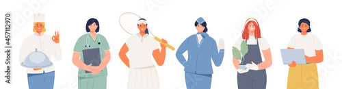 Women characters set of various professions and occupations. Womens day, labor day. Cook, stewardess, florist, tennis player, doctor, business woman