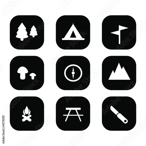 A collection of camping symbols, hiking adventure web icons