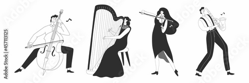 Musicians plays musical instrument. Orchestra, band, meditation, playing music, cello, harp, saxophone, viola. Isolated on white background. Vector illustration. Flat style. Festival poster.