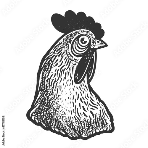 chicken head sketch engraving vector illustration. T-shirt apparel print design. Scratch board imitation. Black and white hand drawn image.