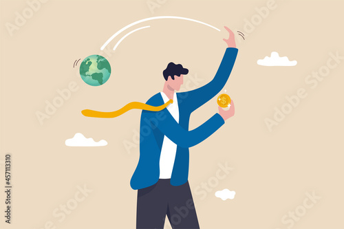 Irresponsible business destroy the world, climate change or global warming causing by big company, greedy businessman company owner happy holding precious money coin while throw away planet earth.