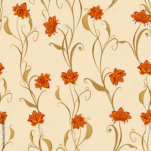 Abstract vintage pattern with decorative flowers, leaves and Paisley pattern in Oriental style.