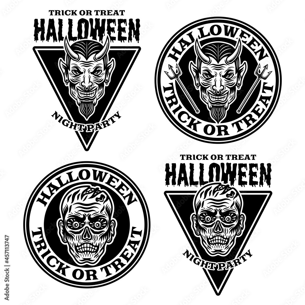 Halloween set of four vector black emblems, badges, labels or logos with devil head and zombie head in vintage style illustration
