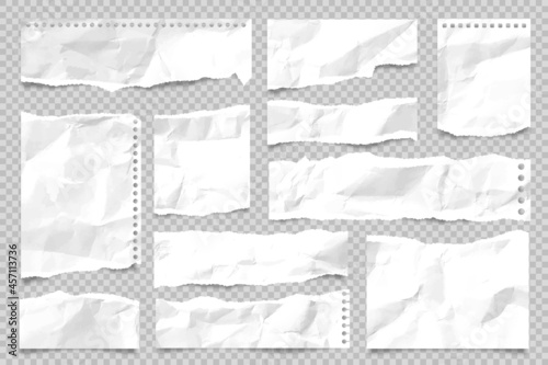 Ripped paper strips isolated on transparent background. Realistic crumpled paper scraps with torn edges. Sticky notes, shreds of notebook pages. Vector illustration.