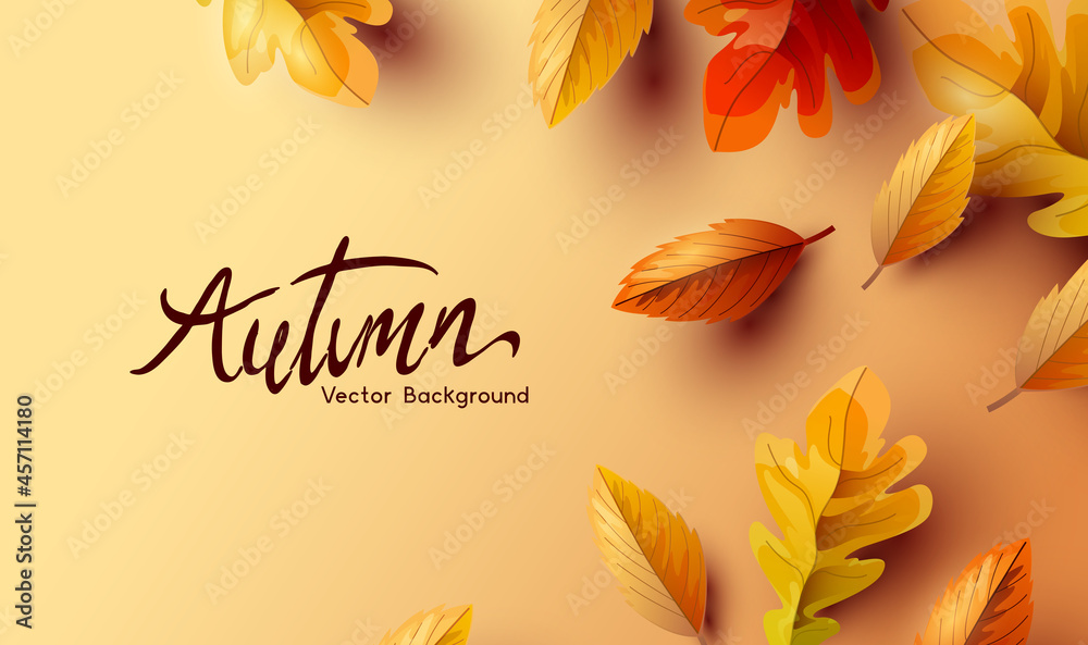 Golden Autumn fall background with of seasonal leaves. Vector illustration. - obrazy, fototapety, plakaty 