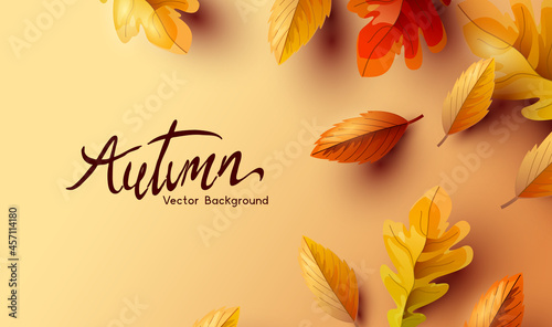 Canvas Print Golden Autumn fall background with of seasonal leaves
