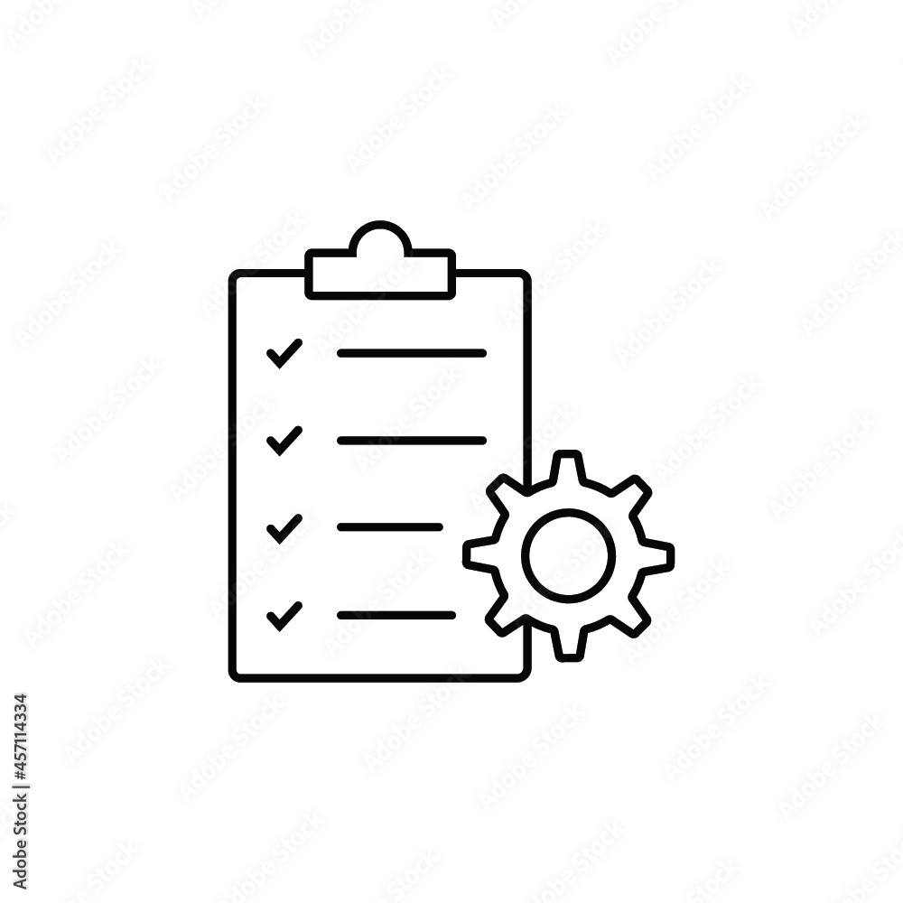 Clipboard and gear icon. Project management concept line style. Technical support check list with cog. Software development concept. Clipboard and gear icon. Project management concept line style. Technical support check list with cog. Software development concept.