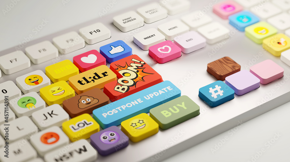A computer keyboard with custom internet slang and social media buttons. 3D illustration - obrazy, fototapety, plakaty 