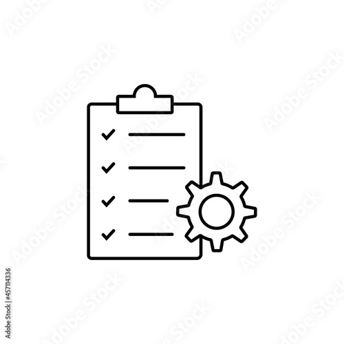 Clipboard and gear icon. Project management concept line style. Technical support check list with cog. Software development concept. © sekinekhanim