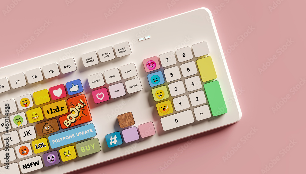 A custom computer keyboard with internet slang and emoji. 3D illustration. A custom computer keyboard with internet slang and emoji. 3D illustration.
