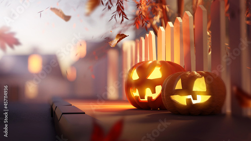 Glowing candle lit Jack O Lantern Halloween pumpkin decorations outside on a suburban street pavement at dusk. 3D illustration. photo
