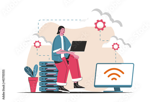 Cloud computing concept isolated. Wireless cloud technology, storage, connection. People scene in flat cartoon design. Vector illustration for blogging, website, mobile app, promotional materials.