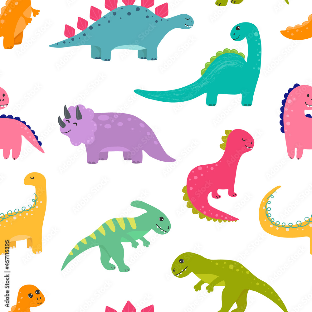 Naklejka premium Vector seamless childish pattern with colorful dinosaurs. Baby background for nursery, wrapping paper, fabric, textile. Funny little dinosaur.