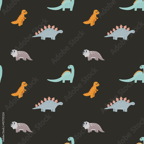 Fototapeta Naklejka Na Ścianę i Meble -  Vector seamless childish pattern with colorful dinosaurs. Baby background for nursery, wrapping paper, fabric, textile. Funny little dinosaur.