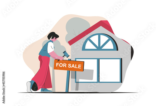 Real estate concept isolated. Homes for sale, realtor services, bank loans, mortgage. People scene in flat cartoon design. Vector illustration for blogging, website, mobile app, promotional materials.