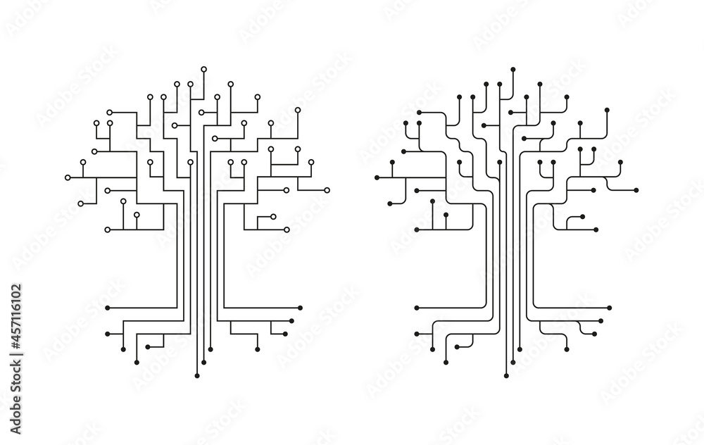 Set of Two Stylized Digital Trees. Communication and Technology Icons. Vector Illustration. Black Contour Isolated on White. Set of Two Stylized Digital Trees. Communication and Technology Icons. Vector Illustration. Black Contour Isolated on White.