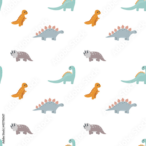 Vector seamless childish pattern with colorful dinosaurs. Baby background for nursery  wrapping paper  fabric  textile. Funny little dinosaur.