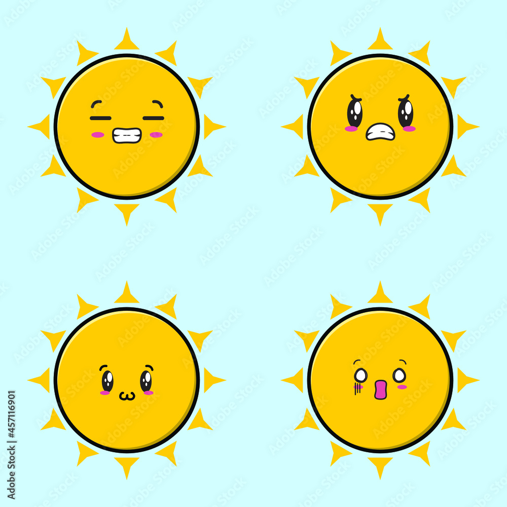 Set collection cute sun emoticon cartoon icon illustration design isolated flat cartoons style