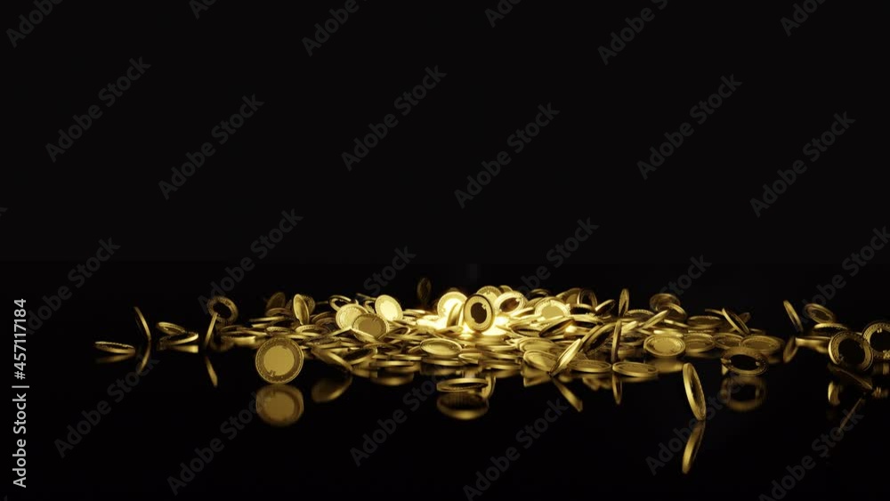 digital crypto gold coins drop from sky on black background copy space .3D Rendering.
