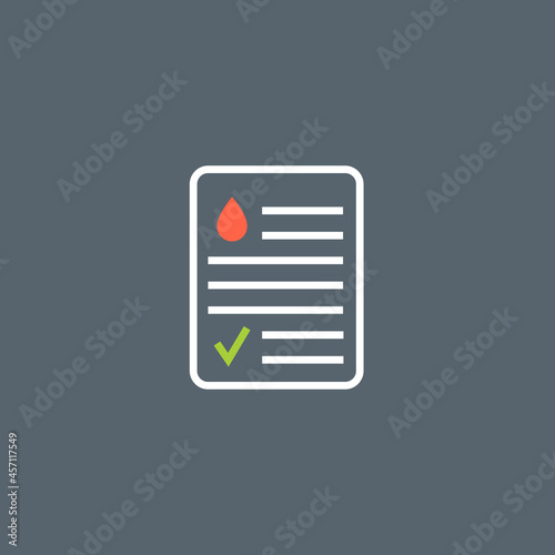 Blood test result lab report health vector icon. Medical checklist patient paperwork, blood test