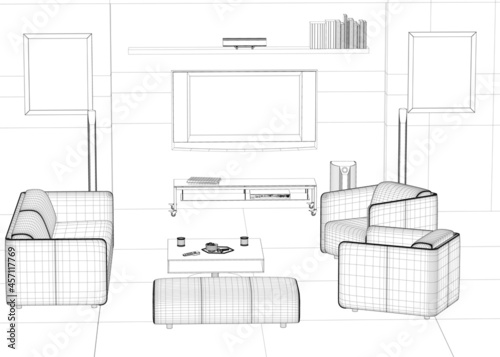 Interior outline with armchairs, sofa, table and TV. Wireframe of the guest room for relaxation. 3D. Vector illustration