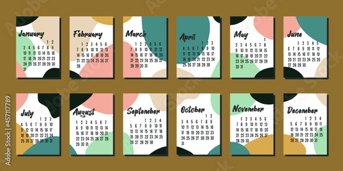 Abstract vector calendar 2022 year. Week starts on Monday, format A4. Wall calendar in abstract style. Fashion monthly calendar.