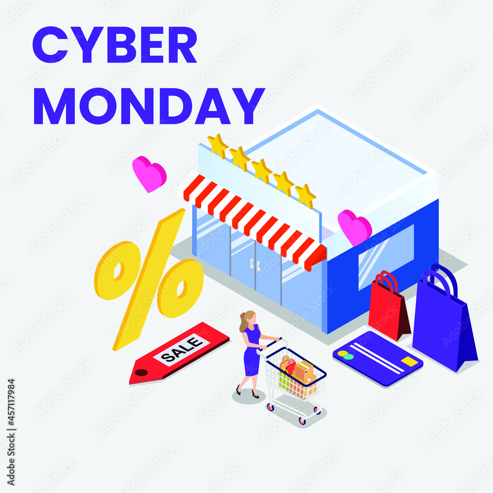 Woman pushing shopping cart on Cyber Monday 3d isometric vector illustration concept for banner, website, landing page, ads, flyer Woman pushing shopping cart on Cyber Monday 3d isometric vector illustration concept for banner, website, landing page, ads, flyer