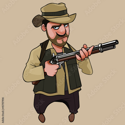 cartoon serious man hunter wearing a hat and holding a gun