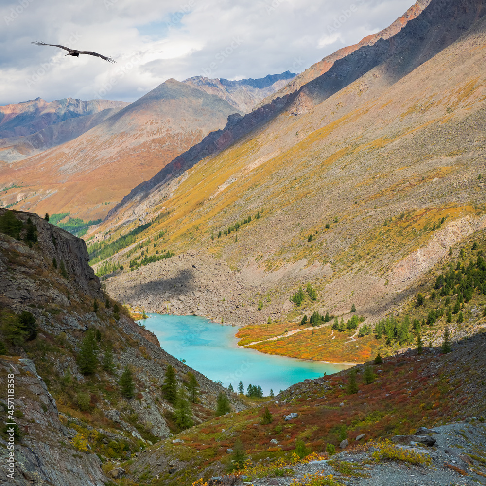 Upper Shavlin Lake in the Altai. Autumn alpine landscape with beautiful shallow mountain lake with streams in highland valley from bigger mountains under cloudy sky.