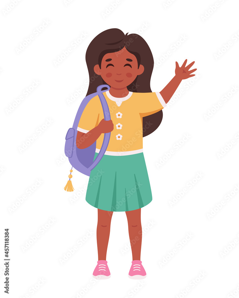 Girl with backpack going to the school. Girl smiling and waving hand. Elementary school student. Vector illustration Girl with backpack going to the school. Girl smiling and waving hand. Elementary school student. Vector illustration
