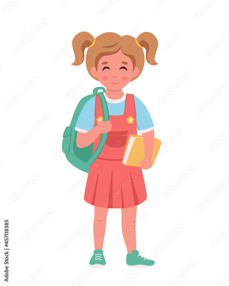 Girl with backpack and book going to the school. Elementary school student. Vector illustration