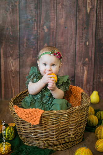 Cute little girl up to 1 year old in a green cute dress and a floral wreath with small yellow and orange pumpkins on a brown wooden background 