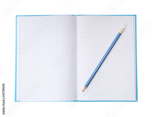 Open notebook with blank sheets and pencil isolated on white, top view