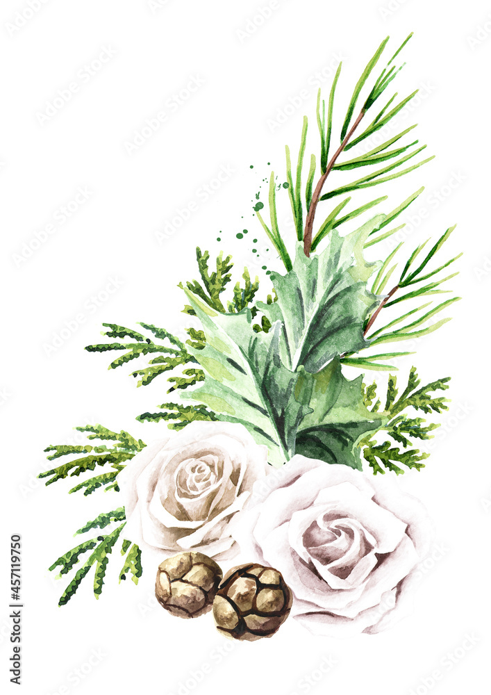 Obraz premium Winter wedding bouquet. Hand drawn watercolor illustration isolated on white background