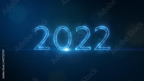 Happy New Year 2022. Number 2022 form by glow blue sparkling sparklers particle and glow neon light, copy space for text.