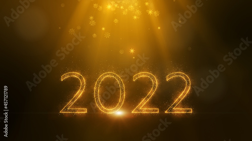 Happy New Year 2022. Number 2022 form by gold sparkling sparklers star particle and glow light, flying snow flake particles in light beams. 