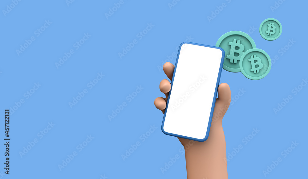 Bitcoin online cryptocurrency trading and payment concept. Person holding a smartphone with blank screen with bitcoin coins. 3D Rendering