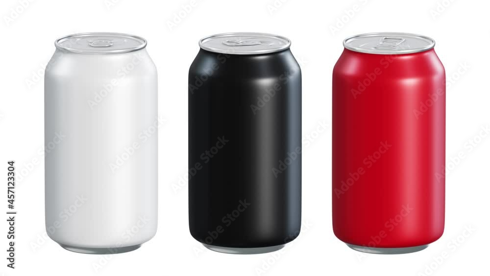 Realistic seamless looping 3D animation of the spinning matte white, black and red blank alcohol or soft drink tin cans rendered in UHD with alpha matte Realistic seamless looping 3D animation of the spinning matte white, black and red blank alcohol or soft drink tin cans rendered in UHD with alpha matte