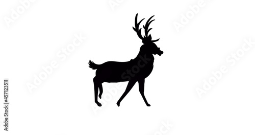 Digital image of black silhouette of reindeer walking against white background